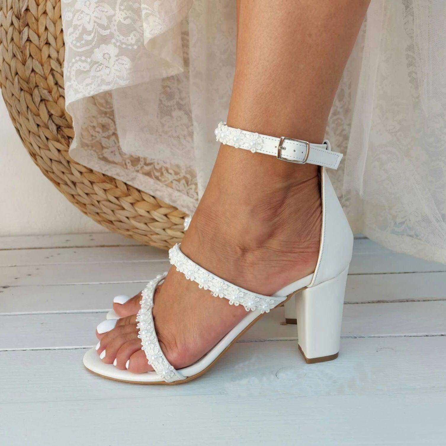 White Lace Ankle Strap Block Heel Sandals 708995413390 - COCOMELODY